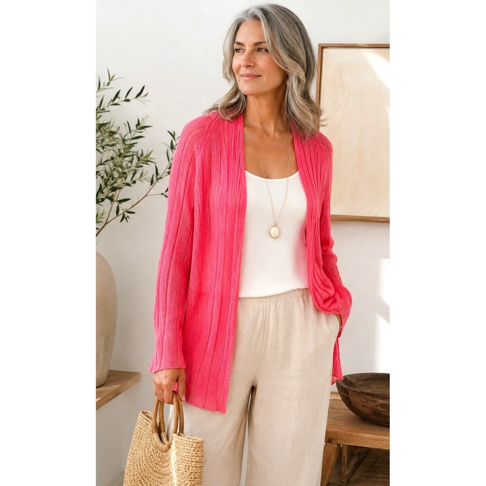 Eileen Fisher Cardigan PS Pink Linen Silk Ribbed Knit Open Front Lightweight
